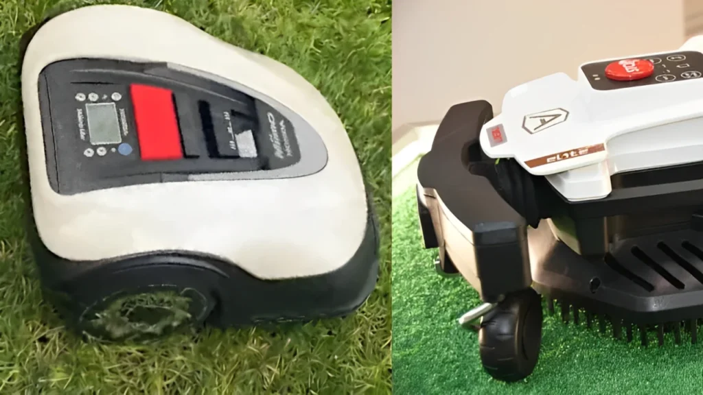 Side-by-side view of two robotic mowers: one older model and one modern compact unit.