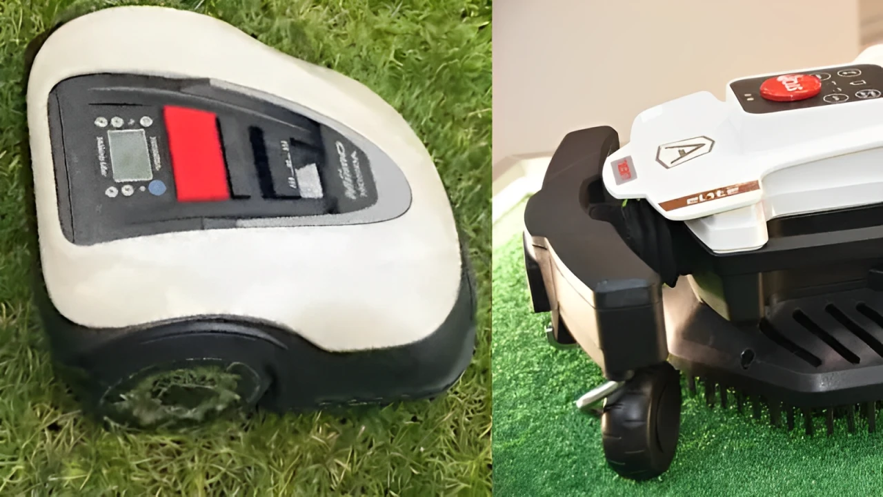 Side-by-side view of two robotic mowers: one older model and one modern compact unit.