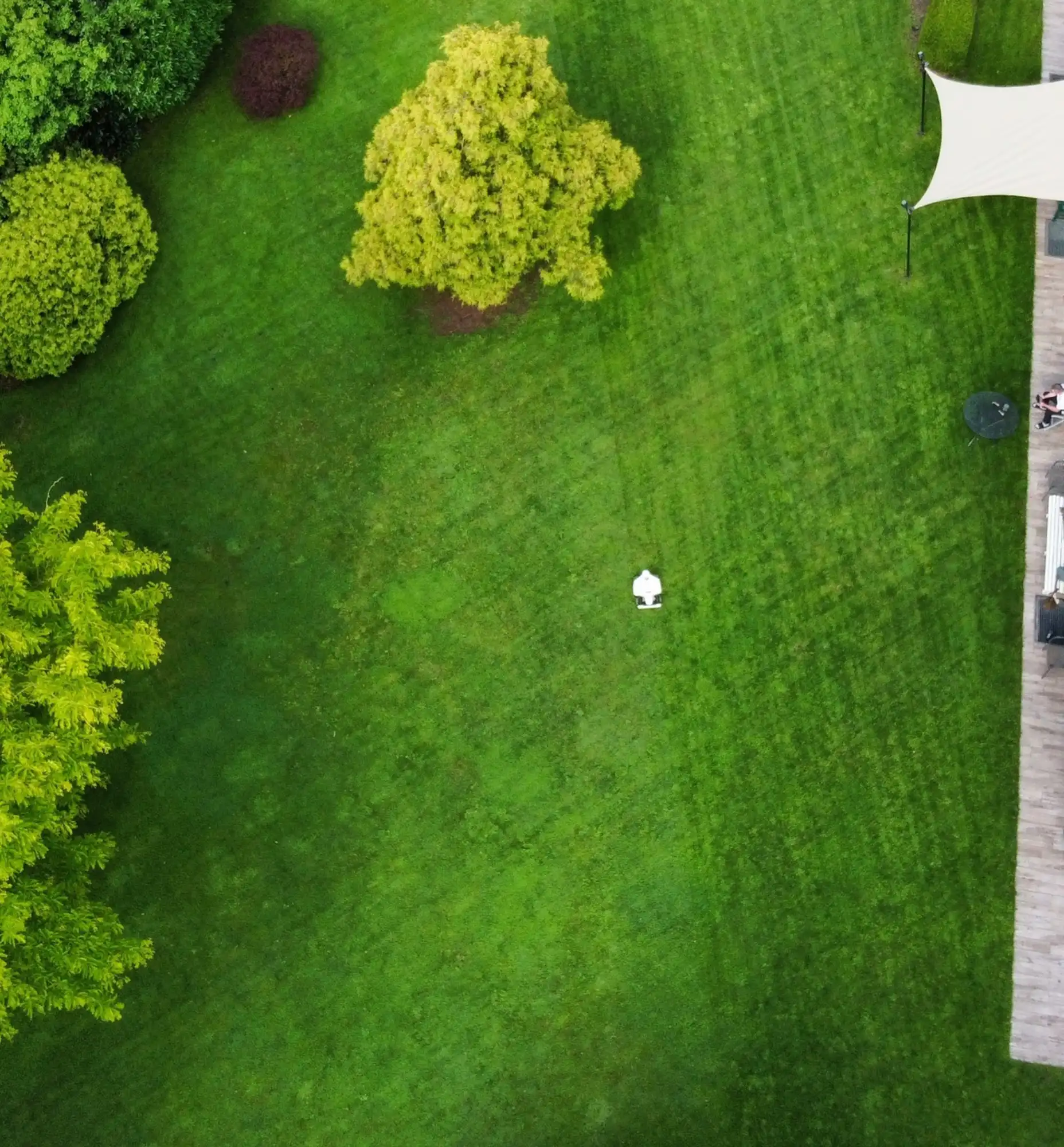 Top-down drone shot of a robotic lawn mower working on a large green lawn with trees.