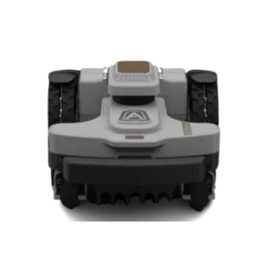 Front view of a white and black robotic mower with thick all-terrain wheels.