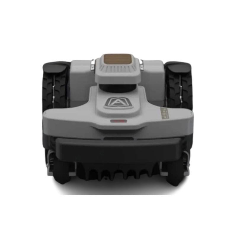 Front view of a white and black robotic mower with thick all-terrain wheels.