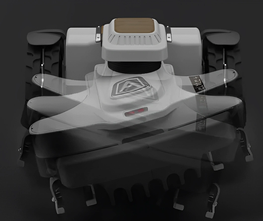 Blurred motion image of a robotic mower, showcasing its front obstacle-avoidance sensors.