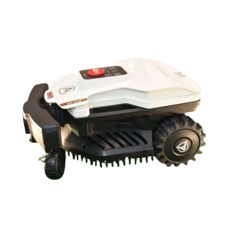 Compact white robotic lawn mower with rugged wheels and a red stop button on top.