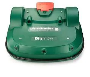 Green Belrobotics Bigmow robotic lawn mower viewed from the top.